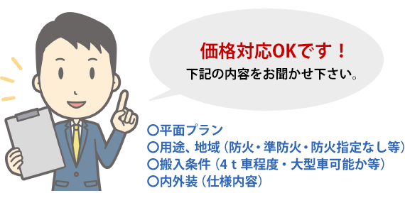 価格対応OKです！下記内容をお聞かせください！平面プラン、用途、地域（防火・準防火・防火指定なし　等）、搬入条件（4ｔ車程度・大型車可能か　等）、内外装（仕様内容